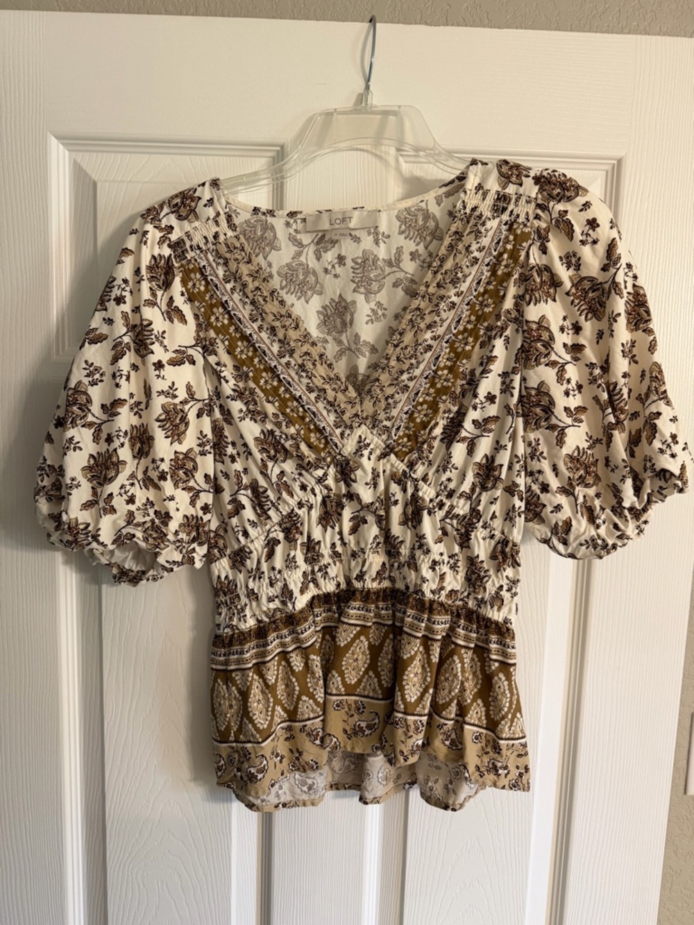 LOFT White & Brown Floral Split-Neck Peasant Blouse